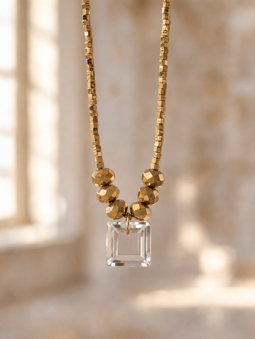 Collier Claire — Cristal de roche & hématites